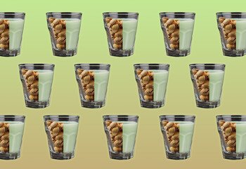 Pattern with a glass of pistachio milk and pistachios. Creative concept of organic lactose free pistachio milk. Healthy vegan drink with pistachios