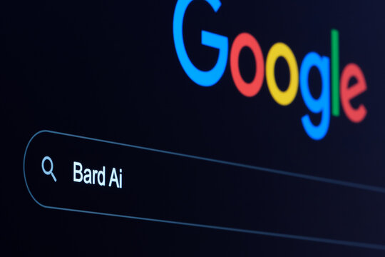 BARD AI words typed into Google search engine. Concept for Google Bard AI chat bot, competitor to ChatGPT. February 19, 2023