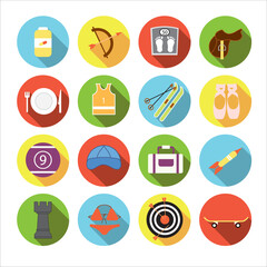 Collection of icons with different sport in flat design with shadows