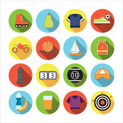 Collection of icons with different sport in flat design with shadows