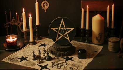 Wiccan altar with magical components, wicker pentacle and cauldron. ai generative.