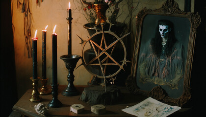 Fototapeta na wymiar Occult grimoire, black magic book laying on table with occult symbols, candles, pentagrams, fortune telling, ritual, altar, spiritism, secret knowledge, scull. ai generative.