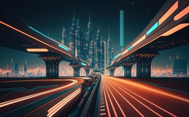 Fototapeta premium A futuristic cityscape with a train track running through it. Generative AI