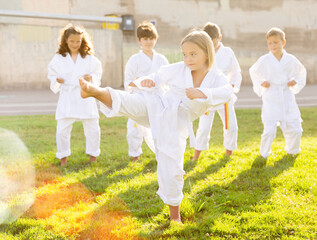 Naklejka na ściany i meble Group of focused schoolchildren, boys and girls, practicing karate at the park outdoors