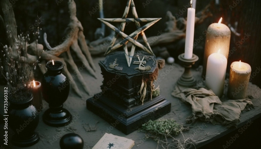 Wall mural Wiccan altar with magical components, wicker pentacle and cauldron. ai generative.