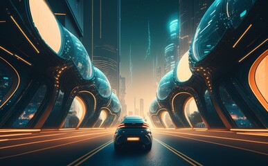 A car driving through a futuristic city at night. Generative AI