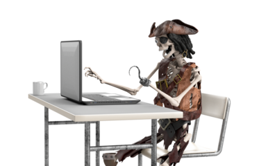 funny skeleton computer pirate downloads files on the internet as a symbol of internet piracy 3d concept render