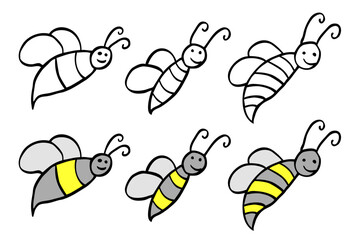 simple set 6 sketch smiling bee, isolated on white