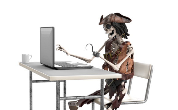 funny skeleton computer pirate downloads files on the internet as a symbol of internet piracy 3d concept render