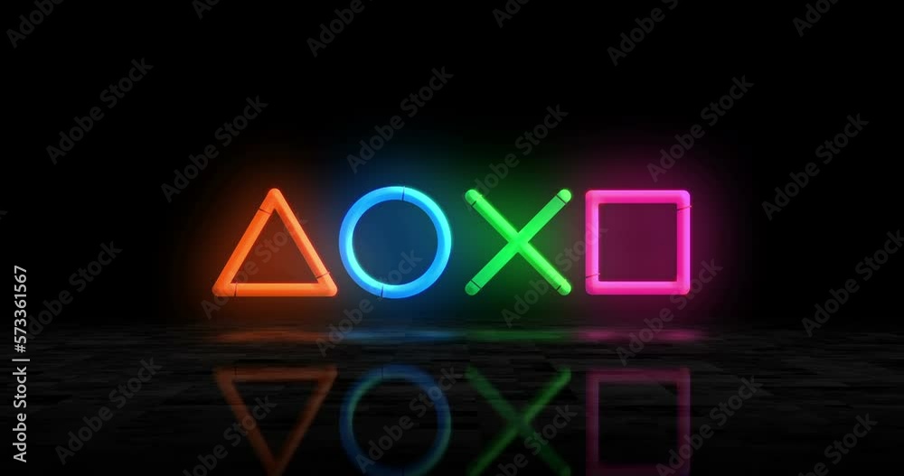 Wall mural Joystick icons neon glowing symbol. Light color bulbs. Esport video game controller symbol  abstract concept 3d animation.