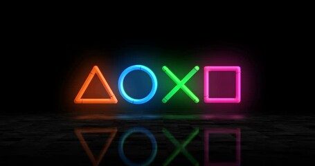 Joystick icons neon glowing symbol. Light color bulbs. Esport video game controller symbol  abstract concept 3d animation.