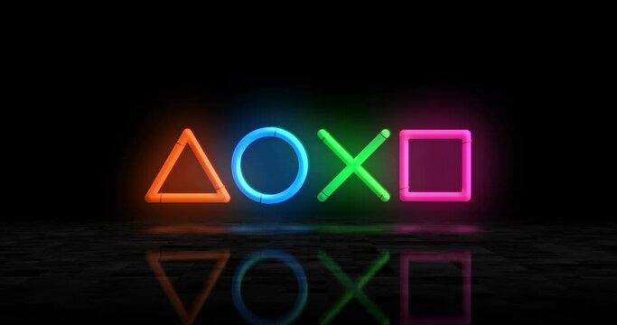 Joystick icons neon glowing symbol. Light color bulbs. Esport video game controller symbol  abstract concept 3d animation.