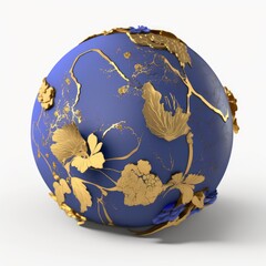 Beautiful decorative ultramarine blue and gold kintsugi ball with flower ornaments. White background. AI-generated. 