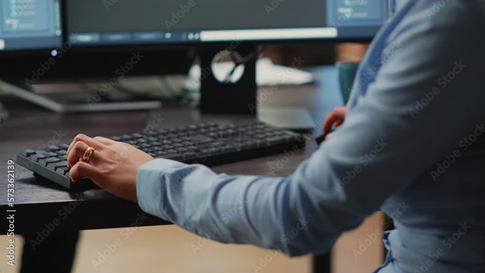 Poster female engineer working on computer to create 3d machine component, developing industrial engine pro