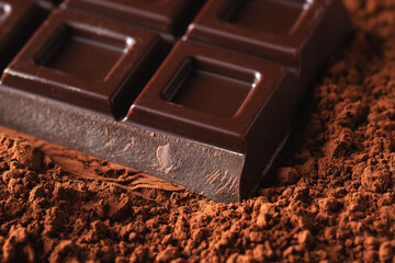 Dark and milk chocolate with nuts on a dark background sprinkled with cocoa powder.