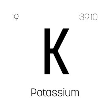 Potassium, K, periodic table element with name, symbol, atomic number and weight. Alkali metal with various industrial uses, such as in fertilizer, soap, and as a medication for certain medical