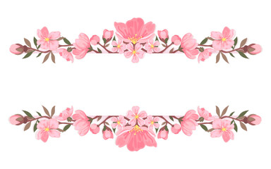 Cherry blossom horizontal banner frame sakura flower flat. Floral ornament spring bloom branch leaf spring bunch border greeting holiday season voucher template brochure pink background fashion card