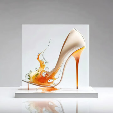 Creative women's high-heeled shoes. Creative concept of creative shoe design, designer women's shoes, template for promotion. A 3d render illustration. Generative AI art.