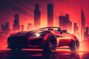 Red Hyper Car Driving In The City At Sunset Generative AI