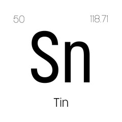 Tin, Sn, periodic table element with name, symbol, atomic number and weight. Post-transition metal with various industrial uses, such as in certain types of alloys, and as a component in certain types