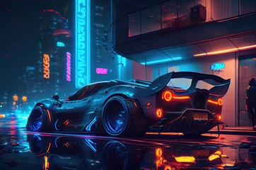 Neonsuper Car Traveling In The City Downtown At Night Generative AI