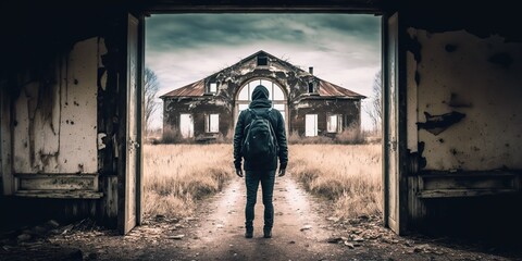 person standing in front of old abandoned building symbolizing the daring spirit of nostalgia, concept of Exploration and Nostalgia, created with Generative AI technology