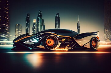Super Car On The Road In Business District At Night Generative AI