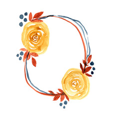 Tender watercolor oval wreath with orange flowers and red leaves. Watercolour dark blue round frame with yellow blossoms and leaves for greeting card design, wedding decoration, banner decor