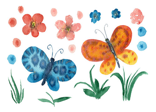 Collection of cute hand drawn watercolor butterflies, flowers and grass. Colorful insects and herbs in childish cartoon style for posters, kids textile design, wrapping paper, stickers, labels