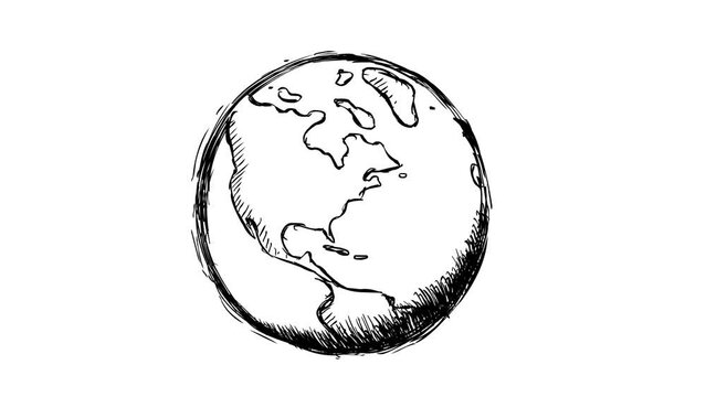 Earth. Crazy cartoon black linear pulsing hand drawn globe. Very dynamic. Seamless loop. Good for motion design, whiteboard, etc...