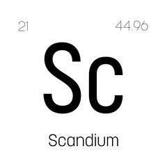 Scandium, Sc, periodic table element with name, symbol, atomic number and weight. Transition metal with various industrial uses, such as in aluminum alloys, lighting, and as a component in certain