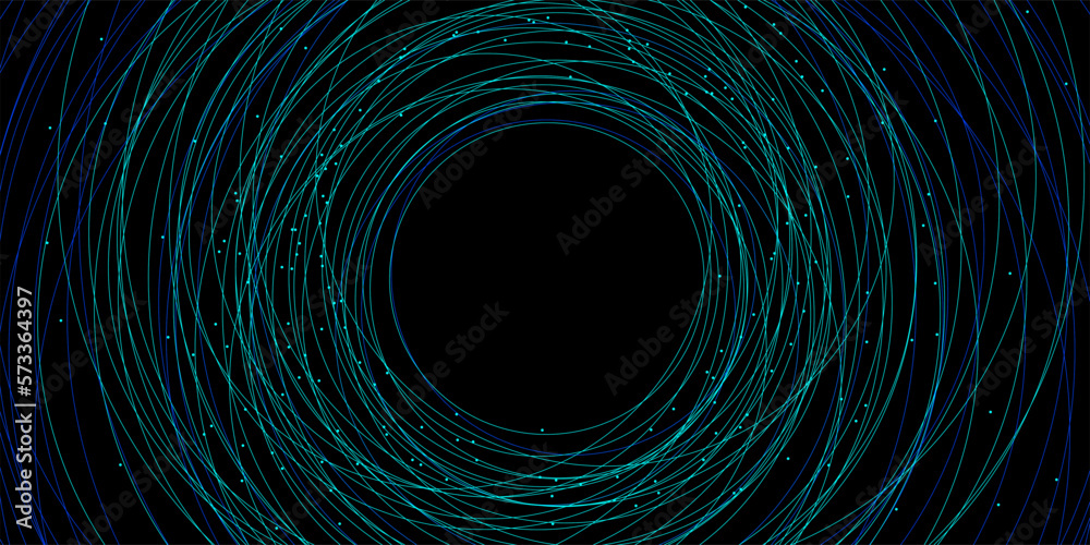 Poster chaotic interweaving of lines and dots on a black background. technological background for design on