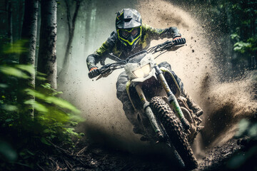 Extreme motocross in the forest dynamic concept art, motorcycle sport illustration, generative ai