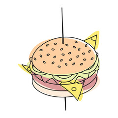 Outline image of a hamburger on a skewer with spots in trendy shades. Fast Food. Happy hamburger day
