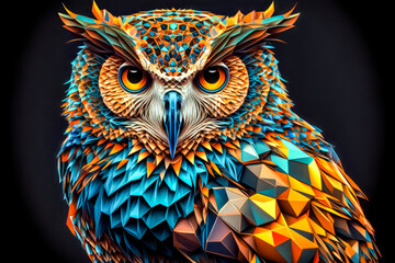 Colorful owl on a black background. 3d rendering, 3d illustration.