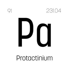 Protactinium, Pa, periodic table element with name, symbol, atomic number and weight. Synthetic radioactive element with potential uses in scientific research and nuclear power.