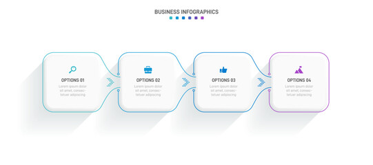 Timeline infographic with infochart. Modern presentation template with 4 spets for business process. Website template on white background for concept modern design. Horizontal layout.