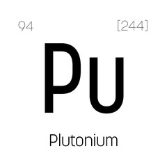 Plutonium, Pu, periodic table element with name, symbol, atomic number and weight. Synthetic radioactive element with potential uses in scientific research and nuclear power.