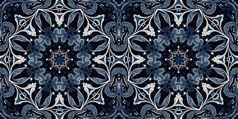 Retro indigo floral bandana 2 tone patterned fabric border background. Seamless boho denim blue banner edge design. Fashion masculine endless edging trim . 