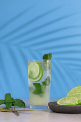 Bright, modern and playful cocktail image of a mojito with green lemon and peppermint with a blue background and a shadow of a palm tree