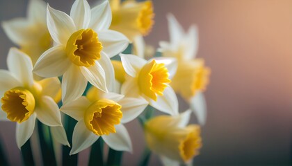 Obraz na płótnie Canvas Narcissus Bouquet of flowers colorful blurred background with copy space for text. Valentine's Day and Mother's Day, Women's Day background. Holiday mockup gerber flowers. soft focus. generative ai