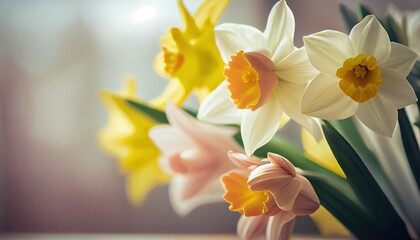 Narcissus Bouquet of flowers colorful blurred background with copy space for text. Valentine's Day and Mother's Day, Women's Day background. Holiday mockup gerber flowers. soft focus. generative ai