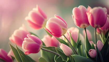 Obraz premium Pink tulips Bouquet of flowers colorful blurred background with copy space for text. Valentine's Day and Mother's Day, Women's Day. Holiday mockup with gerber flowers. soft focus. generative ai