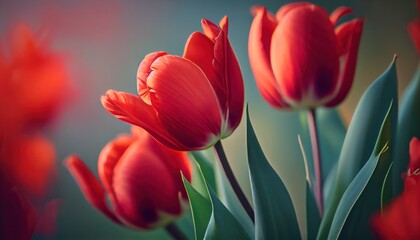 Fototapeta premium Red tulips Bouquet of flowers colorful blurred background with copy space for text. Valentine's Day and Mother's Day, Women's Day. Holiday mockup with gerber flowers. soft focus. generative ai