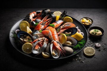A plate of fresh seafood, including shrimp