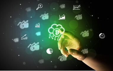 Businessman finger touching on screen multimedia interface with hand drawn currency icons