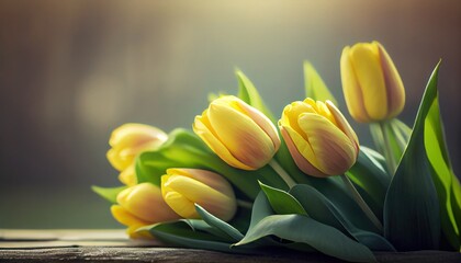 Yellow tulips Bouquet of flowers colorful blurred background with copy space for text. Valentine's Day and Mother's Day, Women's Day. Holiday mockup with gerber flowers. soft focus. generative ai