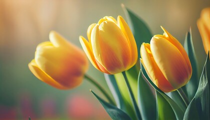 Naklejka premium Yellow tulips Bouquet of flowers colorful blurred background with copy space for text. Valentine's Day and Mother's Day, Women's Day. Holiday mockup with gerber flowers. soft focus. generative ai