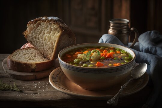 A bowl of hot vegetable soup, with a slice of fresh bread