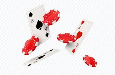 Poker casino chip flying card vector isolated background. Red gamble poker casino chip design concept illustration.